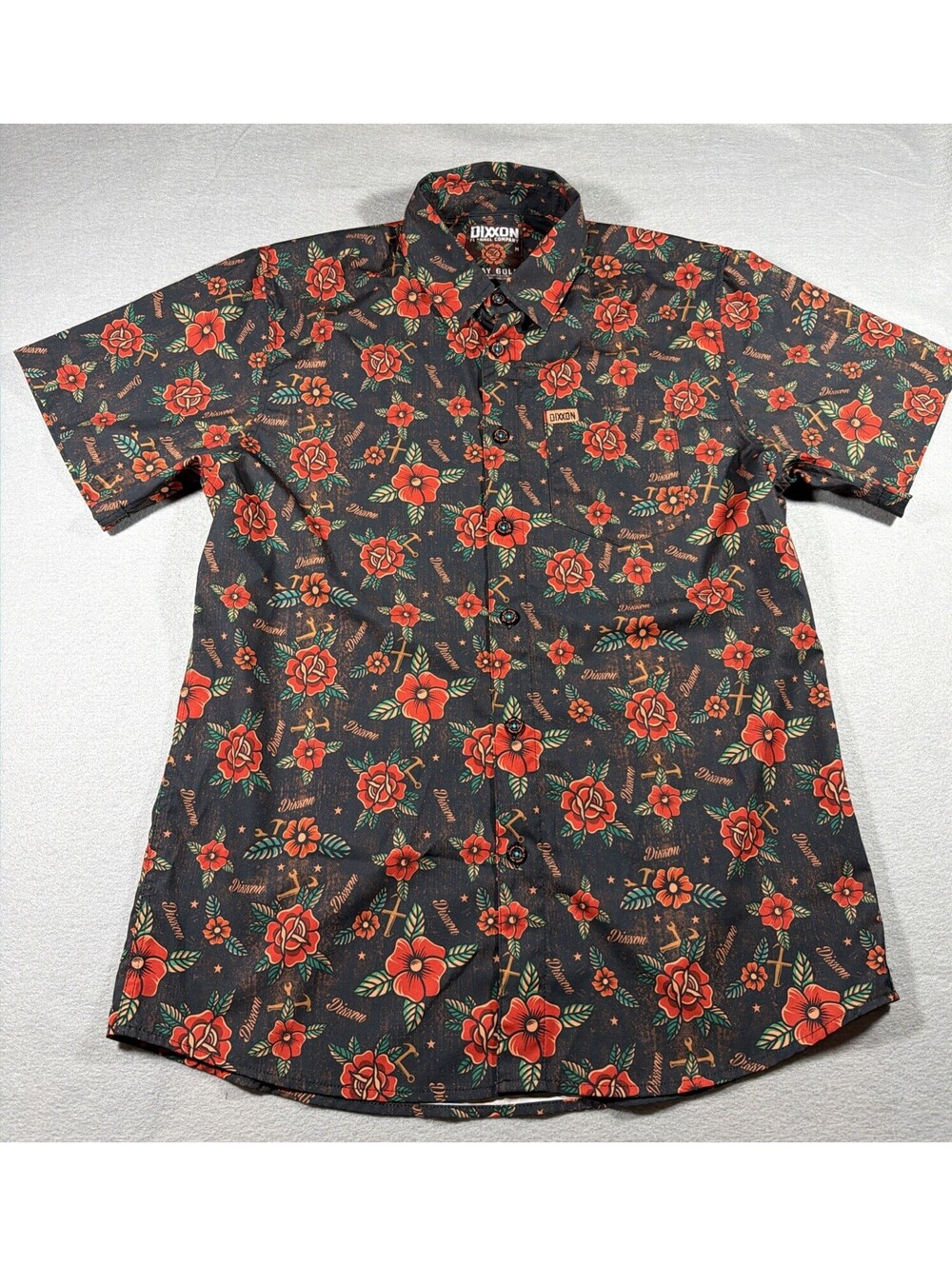 Dixxon Flannel Co Stay Gold Tattoo Rose Short Sleeve Party Shirt Mens M 0139